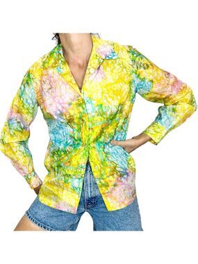 Vintage 70s Eddy George California bright colourful yellow pointed collar blouse